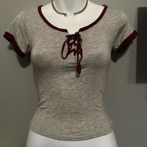 NWT Grey and burgundy lace up t shirt. Perfect for back to school! #LaceUpTop